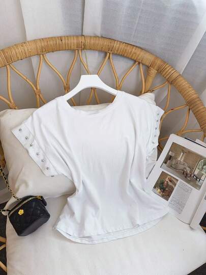 Camiseta  lisa para mujer , decorado de estrellas en la manga . talla unica . nueva colección de verano otoño para mujer .  entrega estimada 1-3dias laborable (península)