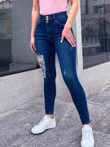 Jeans colombianos talle alto pretina ancha mezclilla gruesa deslavados destrucción pierna bolsillos traseros look casual rebelde primavera verano otoño invierno. - Azul lavado oscuro - Ver 3