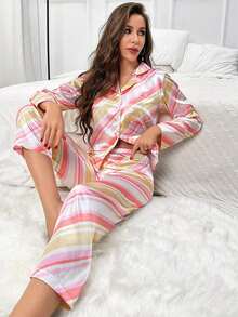 女士条纹印花翻领长袖上衣和松紧腰七分裤两件套，秋季服装 - 彩色 - 查看 7