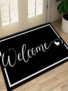 1pc Flannel Welcome Home Rug - Black With White Cursive Letter & Heart Design, 100% Polyester Blanket, Indoor Doormat, Suitable For Hallway, Bedroom, Kitchen, Balcony Home Decor, Elegant Handwritten Style For Home Decor, Room Decor, Small Rug, Living Room Rug, Bedside Rug - Black and White - View 8