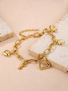 1 件时尚不锈钢心形与海洋串饰手链 - 金色 - 查看 2