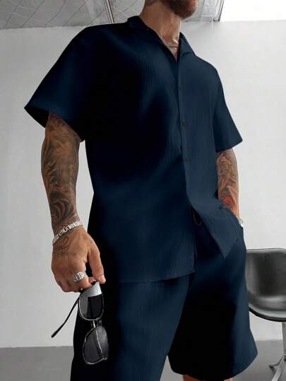 Conjunto de 2 piezas de verano para hombre, camisa de lino cubano ligera y transpirable y conjunto de pantalones cortos con cordón, estilo casual de "Old Money" para bodas en la playa, vacaciones y viajes, regalos del Día del Padre para esposo, papá y novio, atuendos cómodos