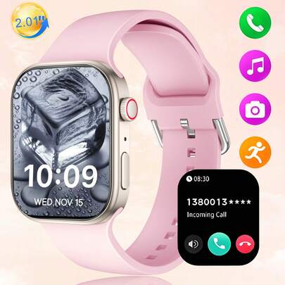 2,01-inch high-definition full-screen touchscreen smartwatch met siliconen band voor mannen en vrouwen, draadloos bellen/ontvangen, stappenteller, meerdere buitensportmodi (fietsen, hardlopen, wandelen, klimmen), herinnering voor zitten, oplaadbare batterij, draadloze functie, geschikt voor vrienden, stellen, ouderen en collega's als cadeau voor de feestdagen