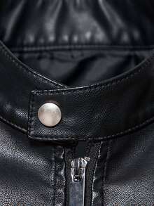 Men's Stand Collar Fitted Faux Leather Rave Jacket With Zipper Pockets, Motorcycle Style Men Zip Up PU Leather Jacket