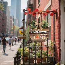 Interchangeable Welcome Home Sign,Seasonal Front Porch Door Decor With 15 Changeable Icons For Halloween /Christmas/Independence Day,Rustic Wood Wreaths Wall Hanger For Housewarming Gift - 歡迎圓牌 - 查看 7