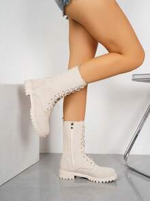 Women's Fashion Versatile Lace-Up Mid-Calf/Ankle/Booties/Motorcycle Boots, Short Boots, High-Top Anti-Slip Boots, Casual Comfortable Side Zipper Outdoor Boots, Riding Outdoor Black Boots, Autumn/Winter Boots, Outdoor Boots, Over-The-Knee Boots