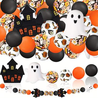 28pcs 3D Castle & Ghost Silicone Beads, Colorful Round Beads Suitable For Jewelry Making, Decoration On Earrings, Necklaces, Bags, Pens, Phone Chains, Makeup Brushes, Keychains, DIY Crafts, Suitable For Mother's Day, Father's Day, Holidays, Birthdays, Halloween, Christmas, Thanksgiving Gifts