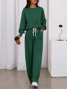 Womens 2 Piece Sets Long Sleeve Sweatshirt Wide Leg Pants Loose Matching Lounge Set  Fall Outfits - Màu xanh lá cây đậm - Xem 2