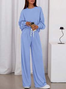 Womens 2 Piece Sets Long Sleeve Sweatshirt Wide Leg Pants Loose Matching Lounge Set  Fall Outfits - Blue - View 5