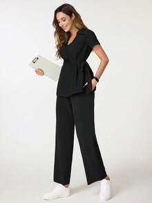 cimmuovere Women's V-Neck Short Sleeve Tie-Front Ruffle & Loose Elastic Waist Pants Scrubs Nurse Scrubs Workwear Dentist Healthcare Pet Hospital Laboratory Uniform Set - Black - View 6