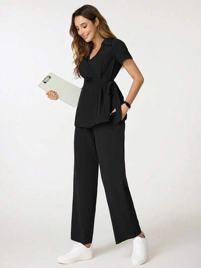 cimmuovere Women's V-Neck Short Sleeve Tie-Front Ruffle & Loose Elastic Waist Pants Scrubs Nurse Scrubs Workwear Dentist Healthcare Pet Hospital Laboratory Uniform Set Spring Black