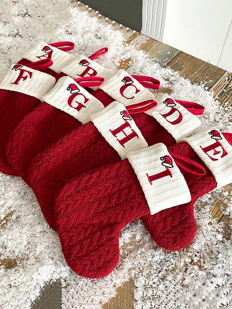1pc Classic Christmas Stocking - Red And White Knitted Embroidered Alphabet Letter, Modern Style Holiday Polyester Candy Cane Decor, Festive Xmas Tree Hanging Ornament, Soft, Durable, Easy To Hang, Perfect For Holiday Season, Home Fireplace, New Year, Indoor And Outdoor Decor, Gift Bag, Christmas Decor Home Decor Christmas Decorations Room Decor