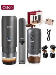 CLITON 3-In-1 Premium Portable Coffee Set: Rechargeable Espresso Machine + Electric Coffee Grinder + Milk Frother - Complete Camping And Travel Set, Elegant Gift Box Packaging, Suitable For Holidays, Kitchen And Coffee Lovers