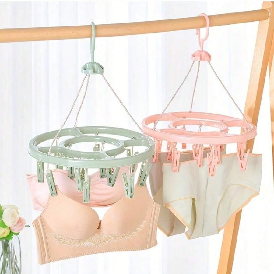 1pc Round Clothes Drying Rack, 12 Clips Plastic 360-Degree Windproof Hanging Lingerie & Socks Laundry Hanger, Multifunctional Clothing Organizer For Closet Organization