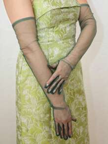 1 双女士纯色薄纱长手套，晚礼服装饰派对手套，新娘手套，婚礼手套，秋季配饰