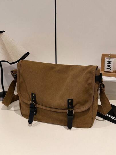 Medium Vintage Military Canvas Laptop Messenger Bag, Brown Retro Style