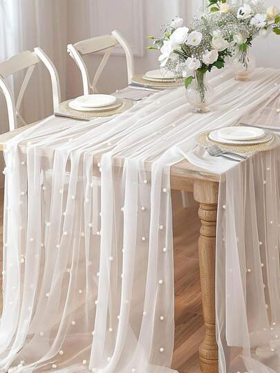 Pearl Decor Table Runner, White Faux Pearl Tulle Wedding Tablecloth, Wedding Arch Decor, Wedding/Bridal Shower Decor, Party Decor, Chair Sash, Event Backdrop Decor, Christmas Decor, Nylon Mesh, New Pearl Hollow-Out Mesh, Valentine's Day Decor