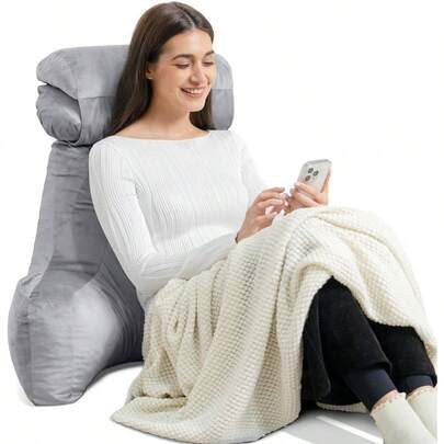Reading Pillow With Detachable Neck Roll, Back Rest Pillow For Sitting In Bed Pillow Backrest With Arms Adult For Reading, Watching TV, Gaming, Relaxing Or On Couch Grey Extra Large XXL