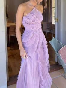 Women's Boho Halter Backless Maxi Dress Sleeveless High Waist Ruffled Party Prom Evening Dresses - 紫色 - 查看 2