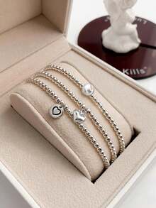 3 件套女士串珠手链套装，复古时尚，优雅创意配饰 - 銀色 - 查看 3