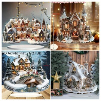 2D Acrylic Winter Wonderland Christmas Village Decor With Stand - Snowy Landscape With Cozy Cottages, Holiday Lights, And Snow-Covered Trees, Battery-Free Desktop Display, Ideal Home Office Gift