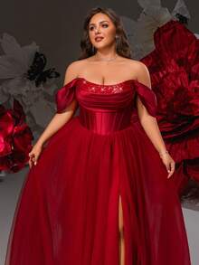 VIPGIRL Vestido de gala de tul color borgoña con hombros descubiertos, corsé con lentejuelas y falda esponjosa, vestidos de gala para mujeres, estilo princesa elegante, vestido de noche formal, vestido de lujo para invitada de boda, vestido de dama de honor, vestido de fiesta