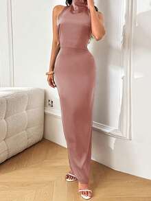 Vestido de verano WOWDARK, vestido elegante de satén rosa con escote halter y espalda descubierta para mujeres, adecuado para el Día de San Valentín, citas, reuniones, fiestas, viajes, vacaciones, playa - Rosa vieja - Ver 4