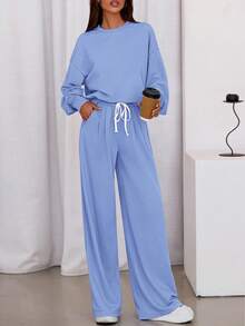 Womens 2 Piece Sets Long Sleeve Sweatshirt Wide Leg Pants Loose Matching Lounge Set  Fall Outfits - Blue - View 6