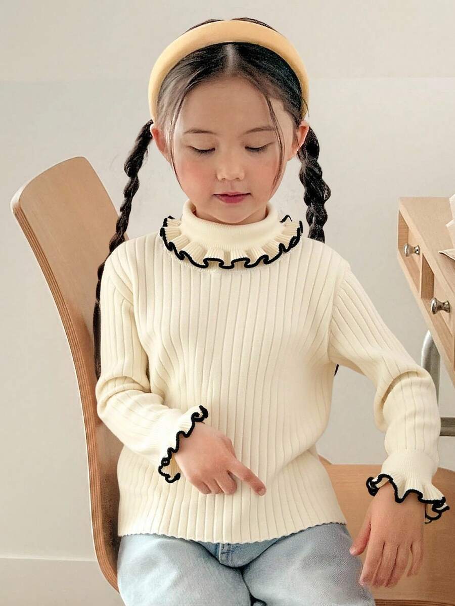 Dazy Kids 年轻女孩简约休闲日常长袖毛衣 - 米色 - 查看 1