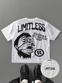 Camiseta gráfica de estilo urbano para hombres, casual de hombro caído, manga corta, impresión de arte cómico en blanco y negro con texto "LIMITLESS", camiseta de verano de corte holgado para hombres, atuendo deportivo, cómoda de usar - Blanco - Ver 1