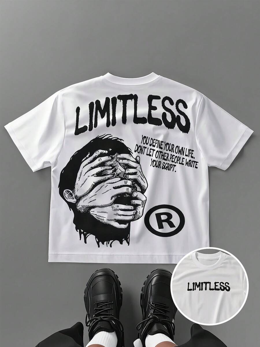 Camiseta gráfica de estilo urbano para hombres, casual de hombro caído, manga corta, impresión de arte cómico en blanco y negro con texto "LIMITLESS", camiseta de verano de corte holgado para hombres, atuendo deportivo, cómoda de usar - Blanco - Ver 1