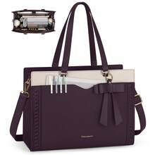NEWHEY Women's Laptop Tote With Detachable Strap & Bow: 15.6 Inch Leather Work Bag Featuring Cup Holder, Professional Office Briefcase & Large Business Handbag - Màu tím và trắng - Xem 1