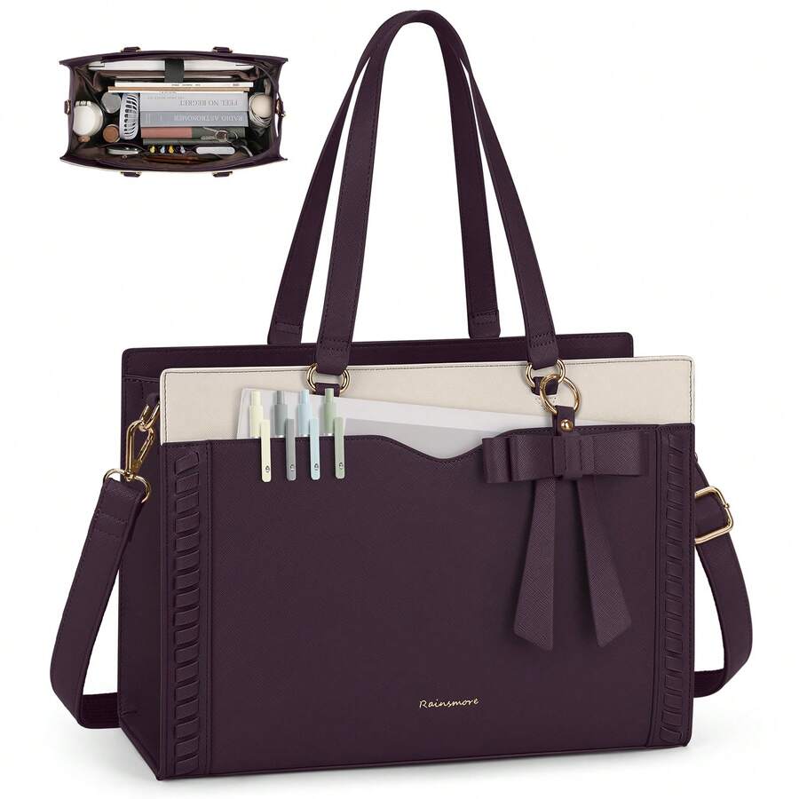 NEWHEY Women's Laptop Tote With Detachable Strap & Bow: 15.6 Inch Leather Work Bag Featuring Cup Holder, Professional Office Briefcase & Large Business Handbag - Màu tím và trắng - Xem 1