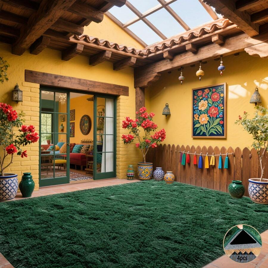 1 Dark Green Area Rug With 4 Rug Stickers, Soft Shaggy Rug For The Living Room, Fluffy Plush Rug For The Bedroom, Washable Non-Slip Rectangular Rug, Modern Home Decor Aesthetic, Lint-Free, Easy To Maintain, Ideal For Highly Frequented Indoor Areas - Dark Green - View 1