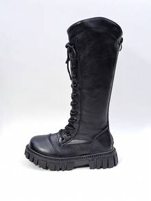 女童及膝靴，时尚系带厚底鞋，后拉链圆头，秋冬骑士靴新款 - 黑色 - 查看 7