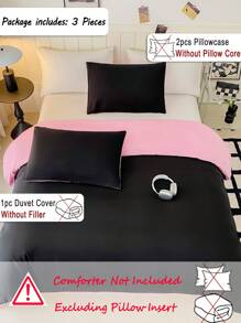 3 件双色拼布黑粉色羽绒被套套装(1 个羽绒被套 + 2 个枕套,无填充物),日常使用涤纶柔软亲肤,适用于主卧、客房、宿舍、返校季、送礼佳品,四季皆宜 - 彩色 - 查看 3