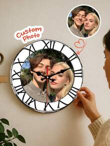1pc 10/12 Inch Custom Photo Wall Clock - Silent Non-Tick Wooden Clock With Roman Numerals, Personalized Gift For Valentine's Day, Wedding, Home Decoration, Office Or School (Batteries Not Included), Clock Wall Decoration, Living Room Home Decoration, Living Room Decoration, - Multicolor - View 9