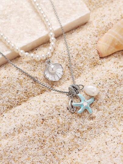 2pcs Ocean Style Painted Starfish & Seashell Faux Pearl Beaded Stainless Steel Necklace Set, Suitable For Women's Casual, Beach, Travel Wear
