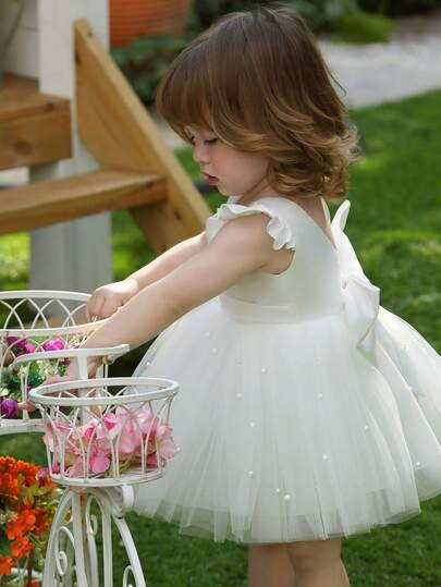 Đầm dự tiệc bằng vải tuyn tay lỡ có nơ cho bé gái, Đầm công chúa thanh lịch cho bé gái, Thích hợp làm quà tặng sinh nhật lần thứ 1, tiệc tối, tiệc tùng, những dịp quan trọng