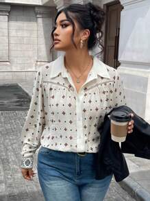 大码前扣印花休闲宽松长袖衬衫 - 杏色 - 查看 1