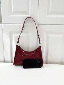 Bolsa de ombro feminina com estampa geométrica em relevo, cor sólida, com zíper e abertura sob o braço. Bolsa de ombro com relevo, bolsa retrô moderna com zíper, bolsa casual impermeável, ideal para jovens, mulheres, estudantes universitárias, profissionais em início de carreira e executivas. Perfeita para o escritório, trabalho, negócios, deslocamentos diários e outras ocasiões. Uma excelente opção de bolsa para o trabalho. - Borgonha - Ver 4