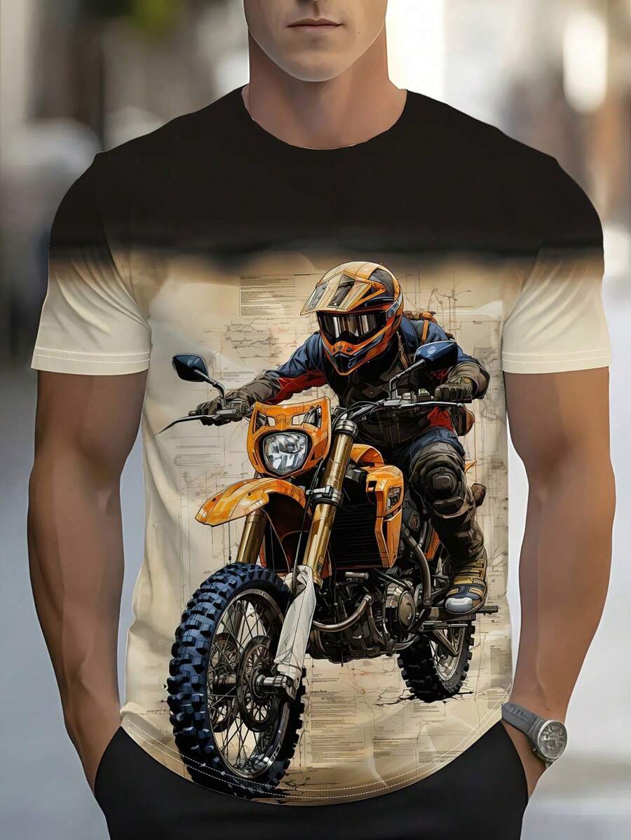 1pc Men's Stylish Motorcycle 3D Print T-Shirt - Casual Short Sleeve, Perfect For Summer Outdoor, Motorcycling, Fashion