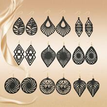 9 Pairs/Set Elegant Vintage Wooden Hollow Geometric Floral Pattern Earrings Set For Women