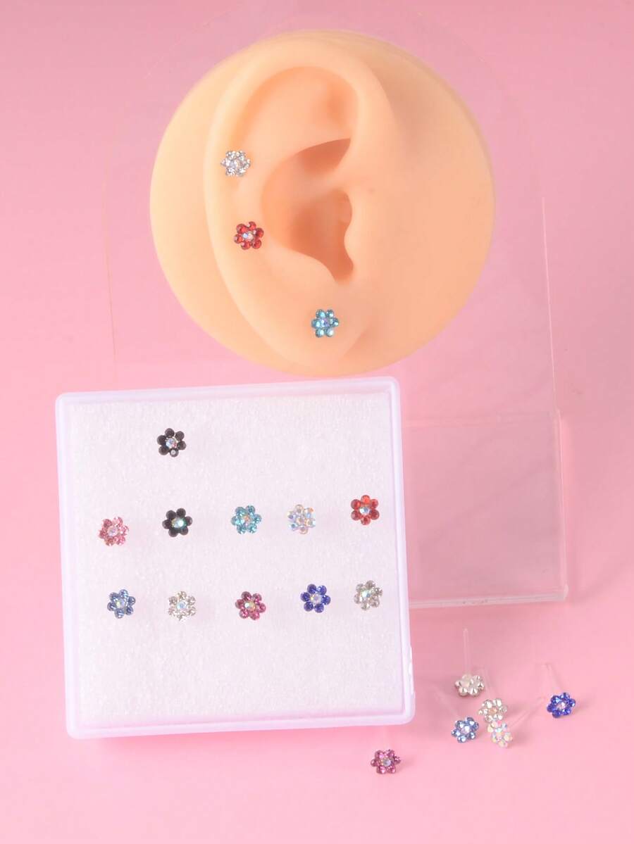 10pairs/Set Glamorous Rhinestone Flower Stud Earrings For Women For Daily Decoration Valentines,Mom,Mother,Mother's Day,Gift - Multicolor - View 1