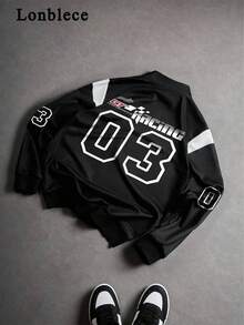 Modcrash 男士半拉链卫衣，黑白拼接赛车号码图案印花，休闲套头卫衣，春夏款 - 黑與白 - 查看 5