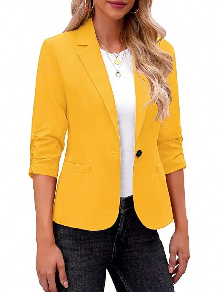 Women's 3/4 Sleeve Blazers, Dressy Suit Jackets Business Casual Work Outfits ELQS - Yellow Daffodil - 查看 1