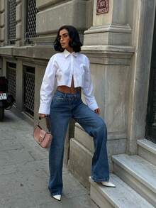 Jeans casuales de moda para mujer con bolsillos, botones y abertura lateral en la pierna ancha - Azul - Ver 3