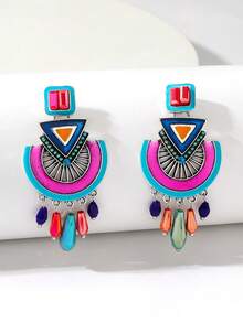 1 对手工制作的波西米亚珐琅水晶耳坠，花卉图案和颜色位置随机设计，形状和色调略有不同