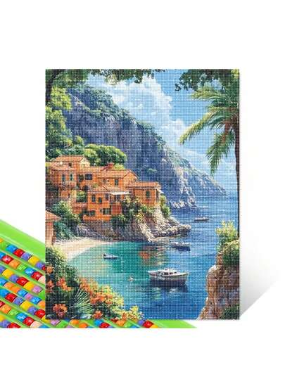 Peinture de diamant DIY Ville côtière Paysage en plein diamant rond Broderie Décoration d'intérieur Artisanat