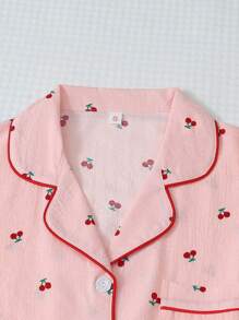 樱桃印花睡衣套装，甜美可爱翻领纽扣长袖上衣和裤子，女士睡衣和家居服，秋冬秋季服装 - 粉色 - 查看 3